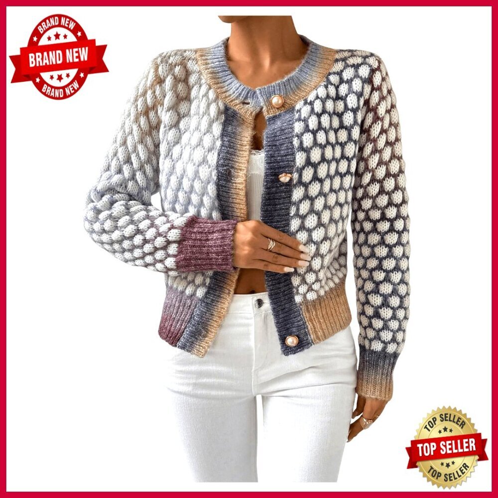 Cropped Cardigan Knit Tweed Sweater Jacket Long Sleeve Relaxed Fit
